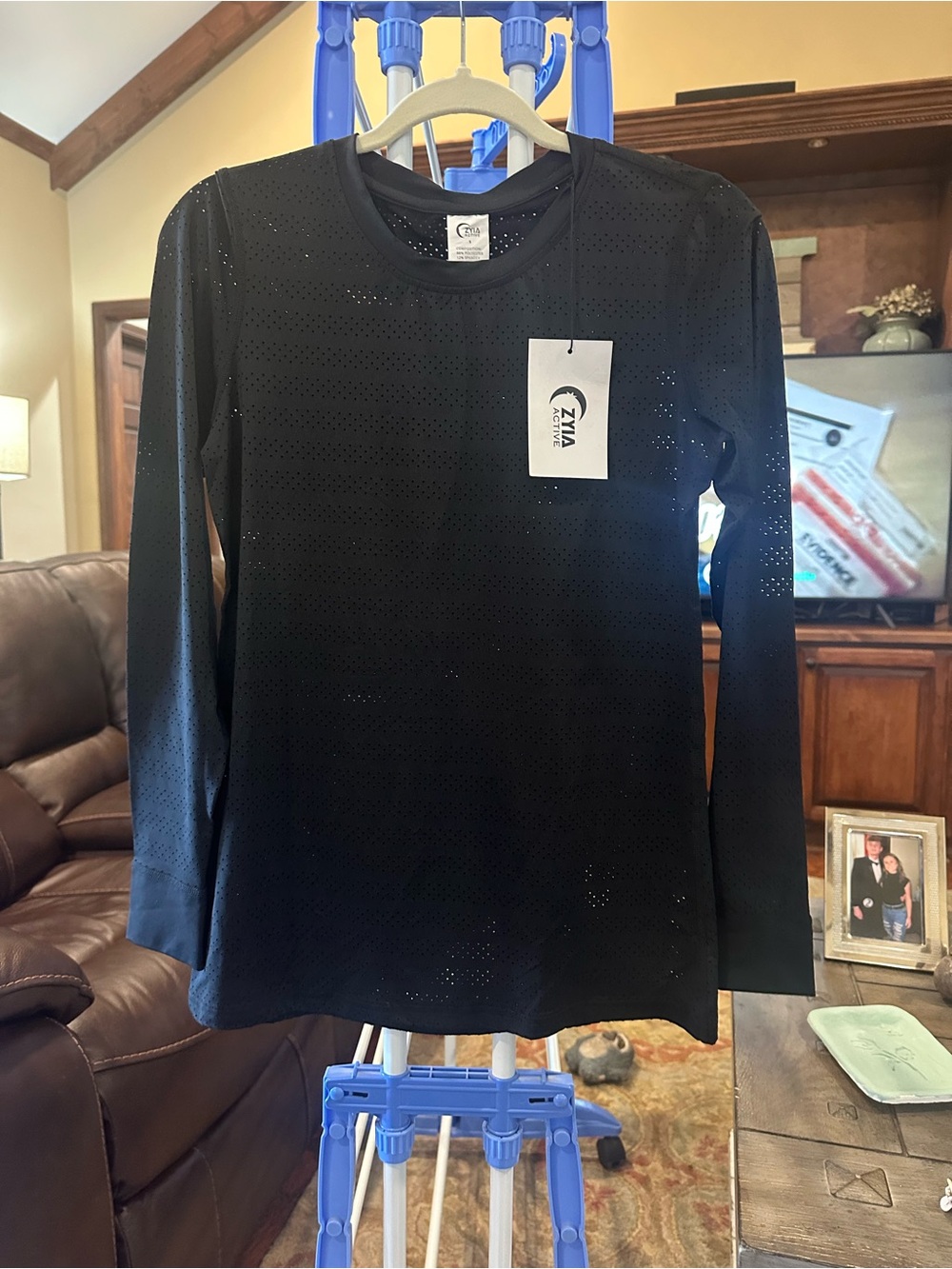 Zina Black Long-Sleeve Perforated Crewneck Top